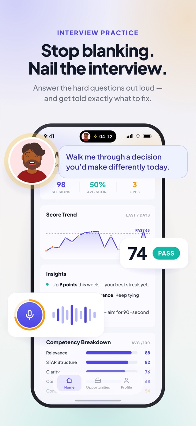 Stop blanking. Nail the interview. Answer the hard questions out loud and get told exactly what to fix. The home screen, with a score trend and insights.