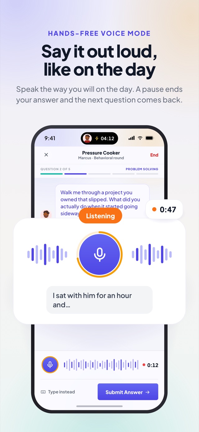 Say it out loud, like on the day. A pause ends your answer and the next question comes back. Hands-free voice mode, listening.